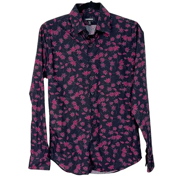 Express | Shirts | Express Slim Fit Button Front Shirt Black Red Floral |  Poshmark